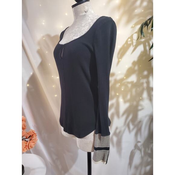 We the Free People Cuff Mod Stripe Thermal Waffle Top Size M Black Boho Keyhole - Picture 4 of 10